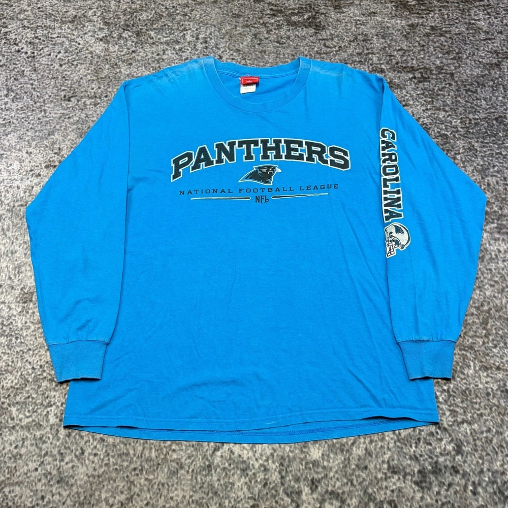 VTG Carolina Panthers Long Sleeve Shirt Mens XL Blue NFL Spell Out Logo
